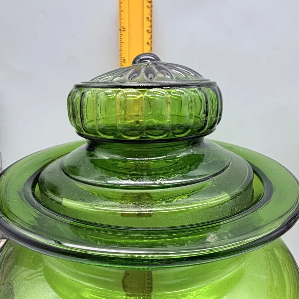 Counterpoint Hand Blown Glass Apothecary Jar Green Vintage Japan Sunburst Lid